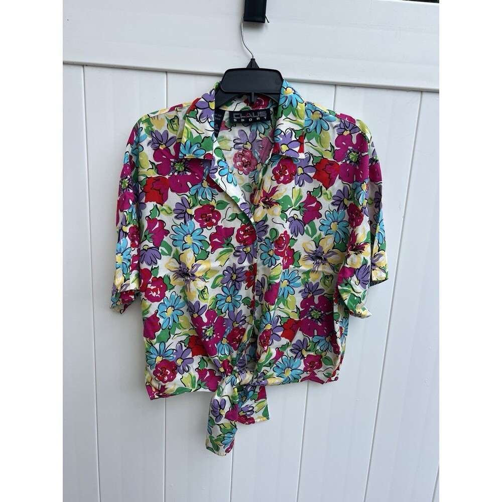 Chaus Sport Floral Short Sleeve Button Up Tie Front Blouse Sz Medium Vintage